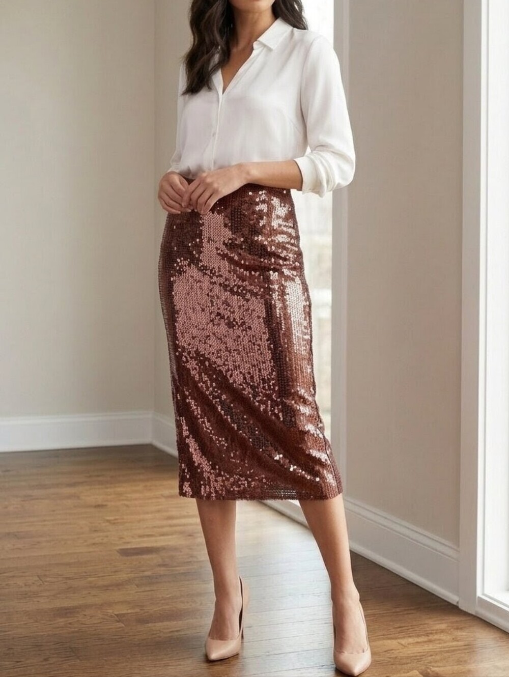 Express Sequin Pencil Skirt Sparkle Shimmering Copper Bronze - Size XS - NWOT